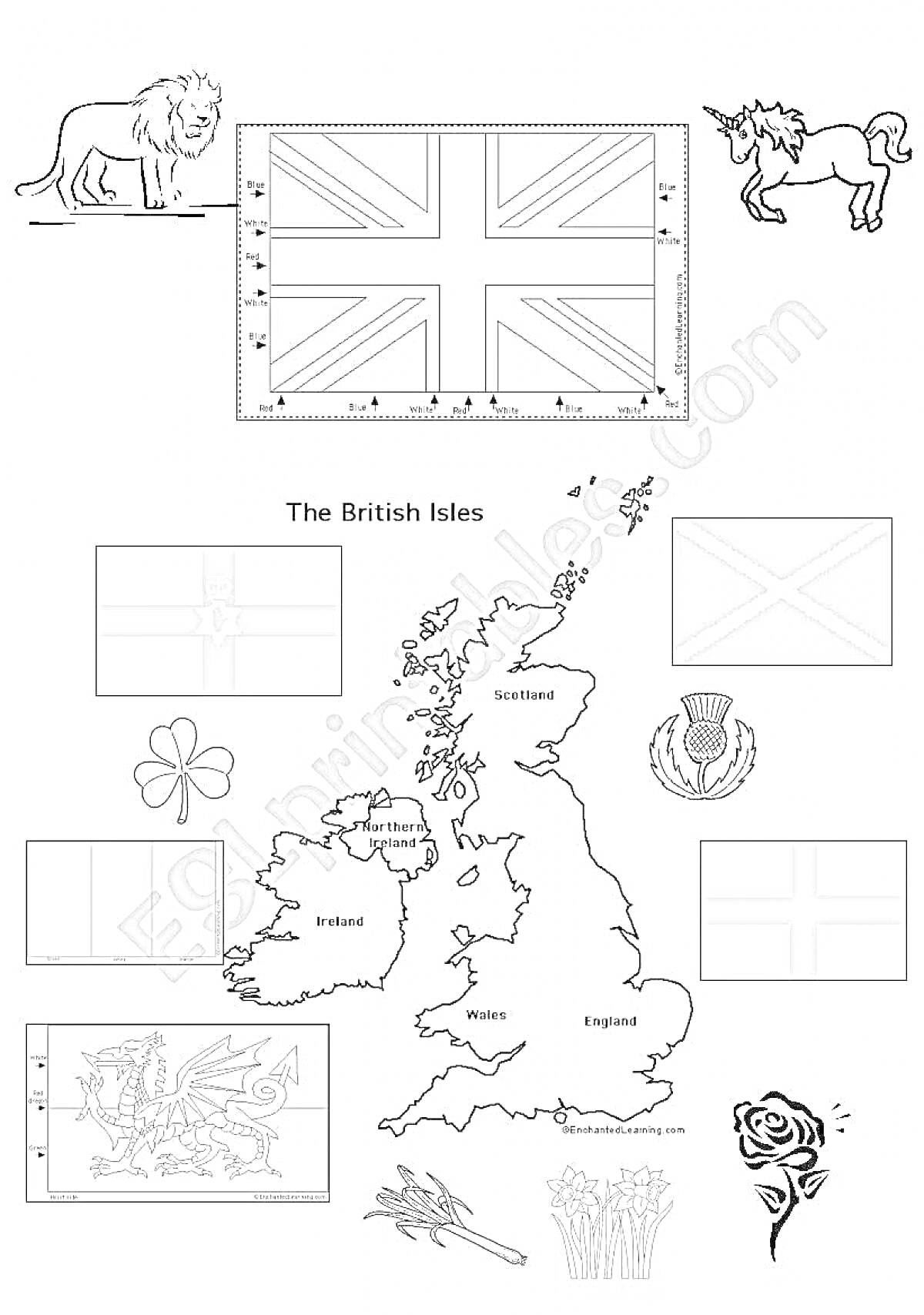 На раскраске изображено: Карта, Великобритания, Символы, Лев, Флаг, Чертополох, Дракон, Ирис