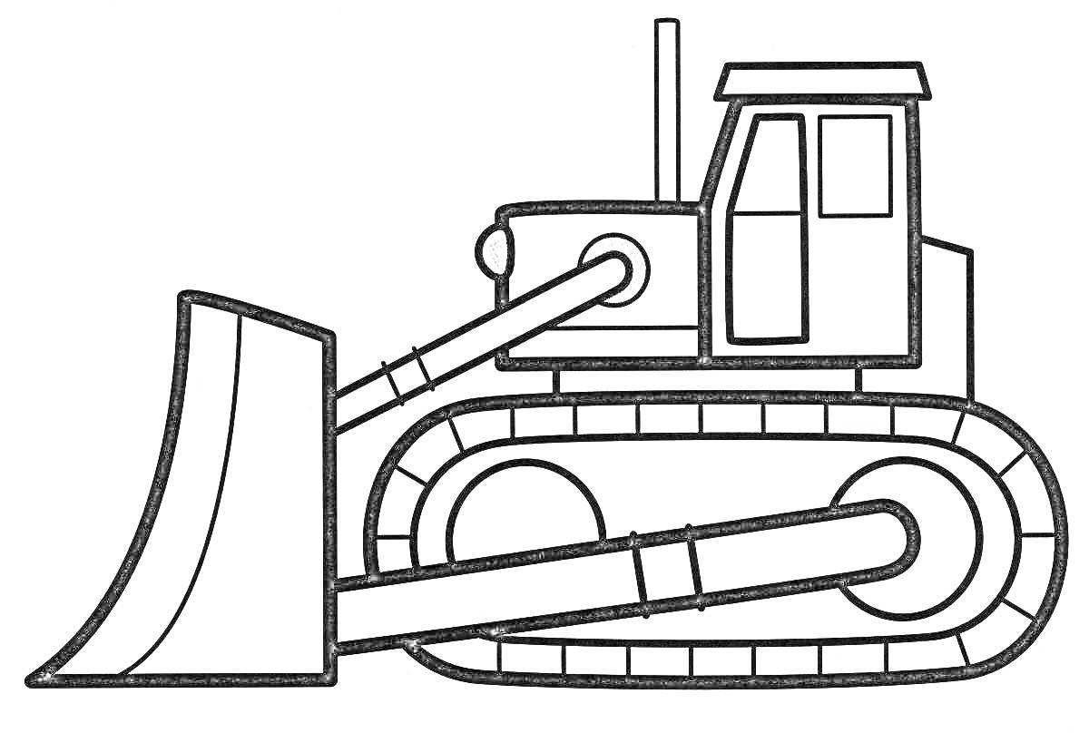 На раскраске изображено: Бульдозер, Техника, Строительная машина, Гусеницы, Отвал