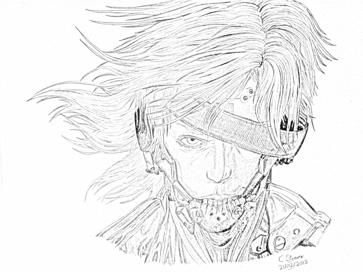 Раскраска Рисунок персонажа с искусственными частями лица, повязкой на глазу и растрёпанными волосами.