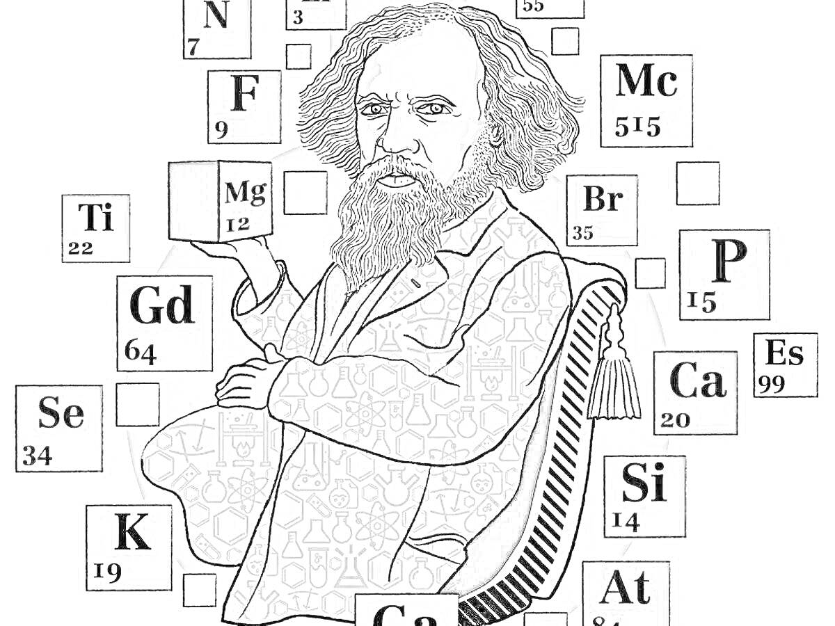 Раскраска Учёный среди элементов таблицы Менделеева