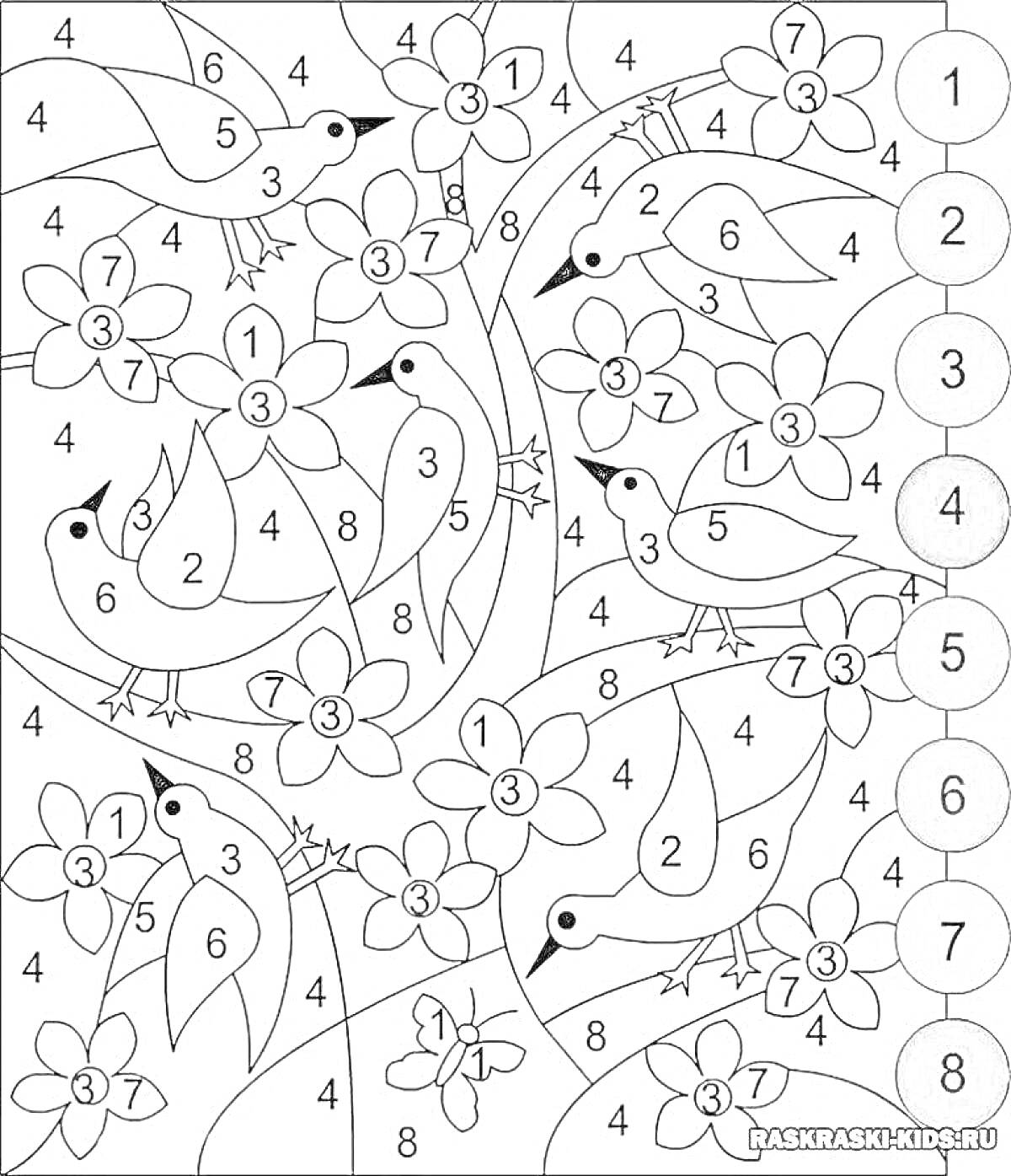 Раскраска Раскраска по номерам с птицами и цветами на ветках
