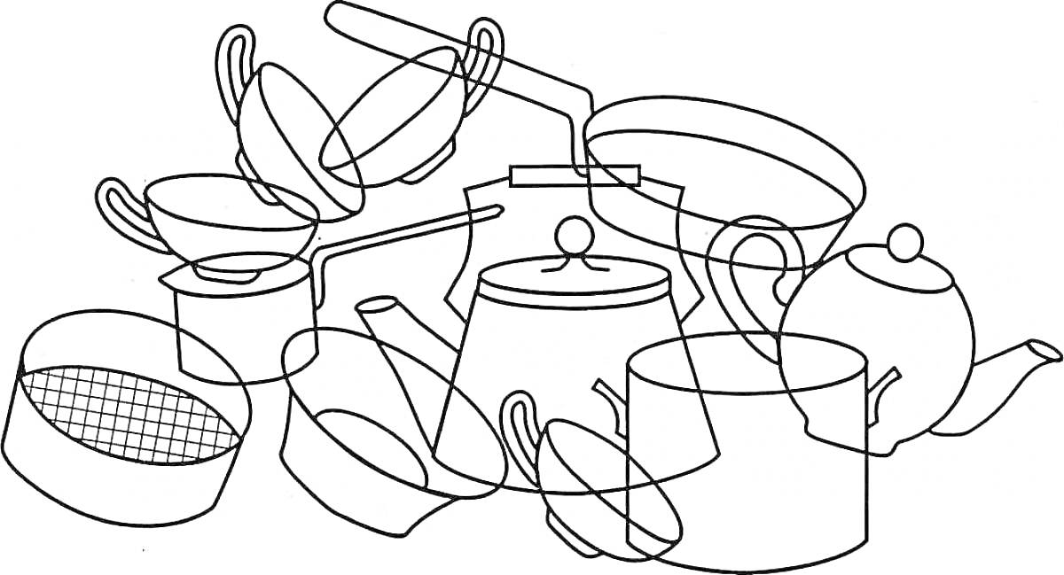 Раскраска Посуда (чашки, кастрюли, чайник, половник, сито)