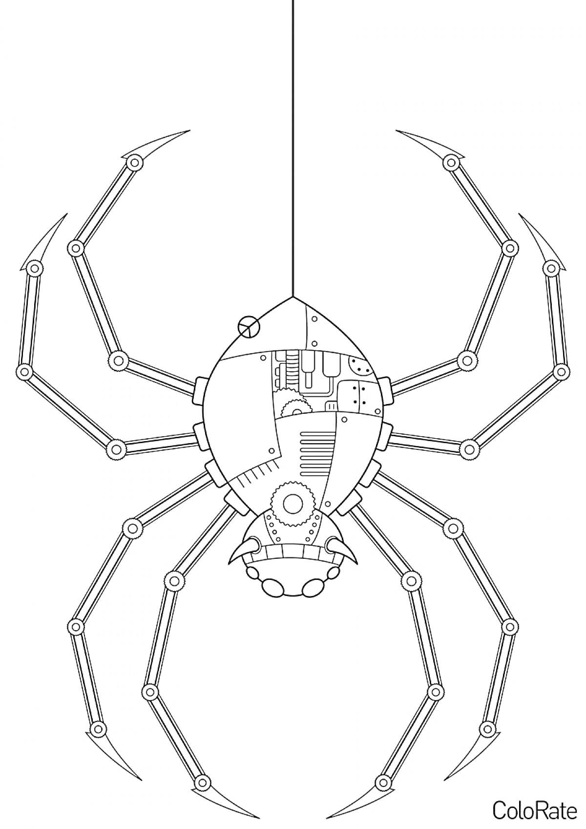 Раскраска Робот Паук висит на паутине, с заметными механическими деталями, суставами и круглой головой