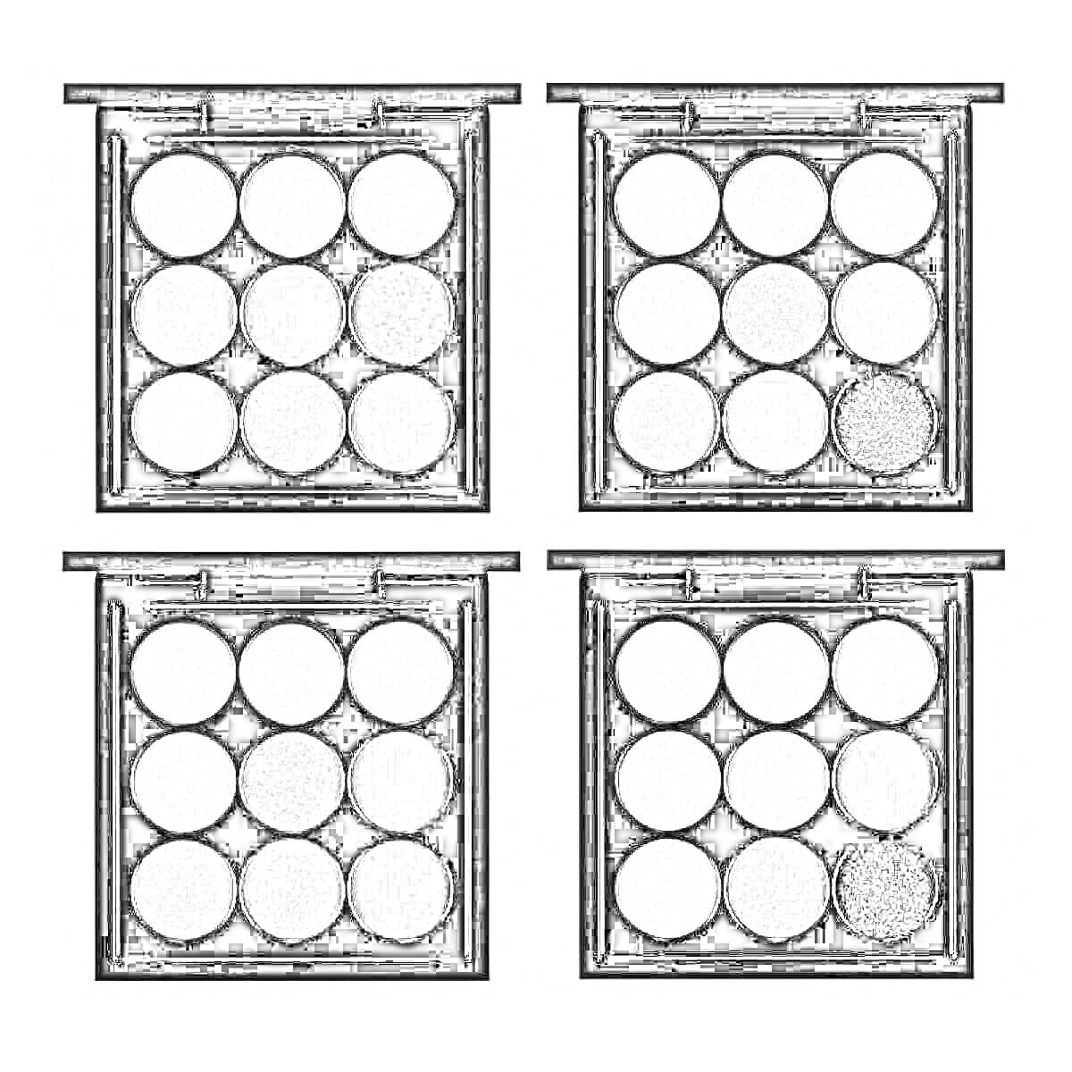 Раскраска Палетка теней с 9 цветами в четырёх вариантах компоновки