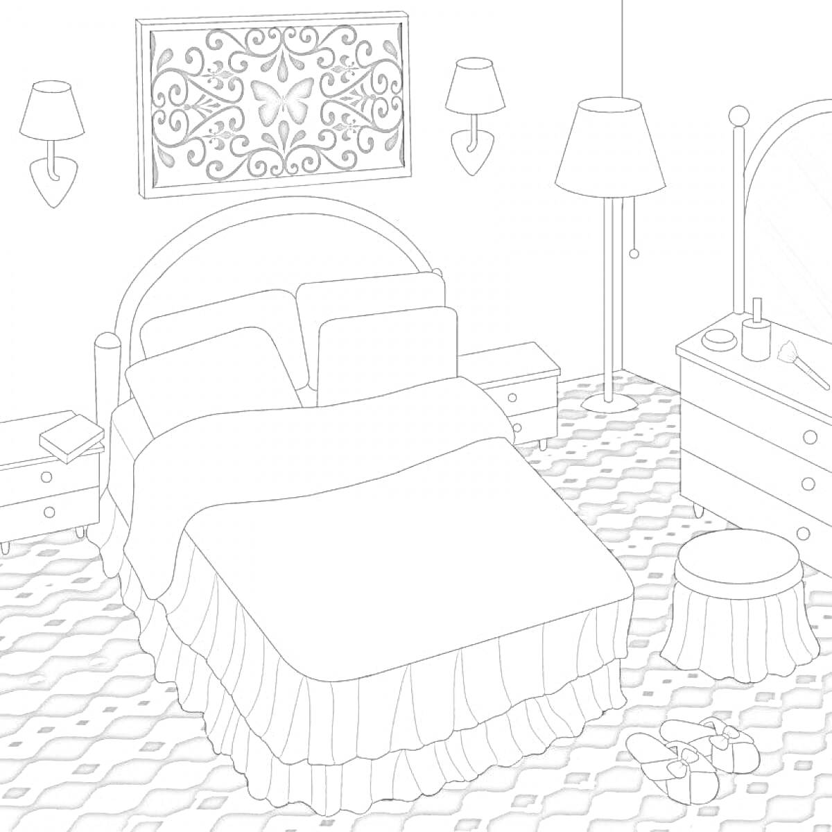 Раскраска Спальня с кроватью, тумбочками, лампами, ковром, комодом с зеркалом и табуретом