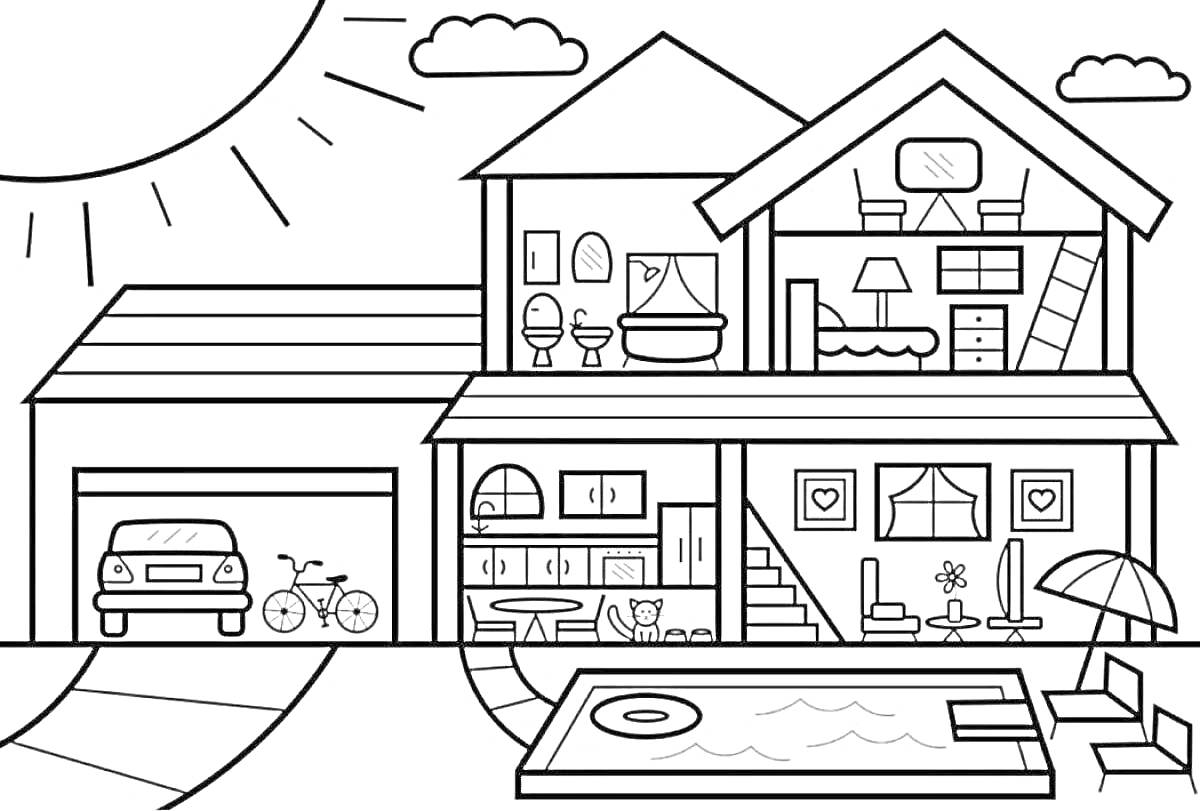 На раскраске изображено: Дом, Бассейн, Гараж, Велосипед, Мебель, Комната, Спальня, Кухня, Солнце, Облака, Лестница, Терраса, Стул, Стол