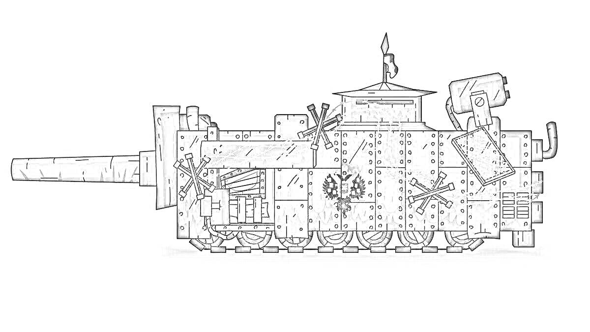 Раскраска Ратте танк с пушками, люком, башнями и флагом