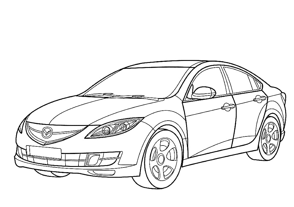 Раскраска Контурный рисунок автомобиля Mazda с деталями кузова, дверями, фарами, капотом и колесами