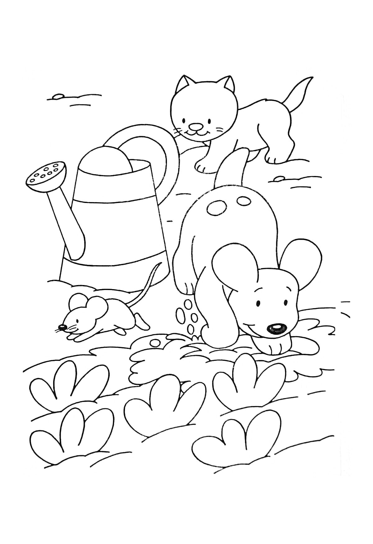 На раскраске изображено: Собака, Лейка, Деревья, Животные