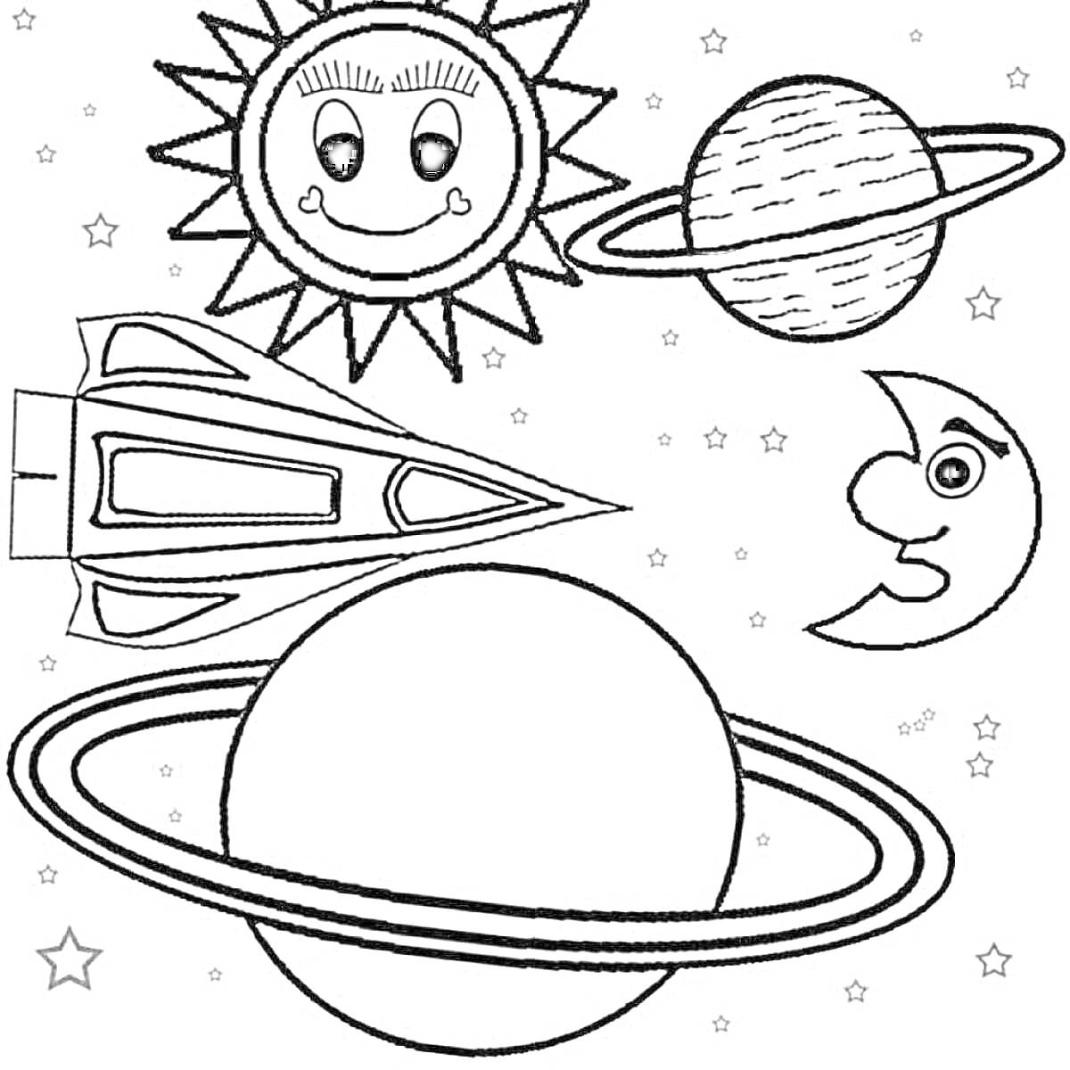 Раскраска Солнечная система с планетами, ракетой, луной и улыбающимся солнцем