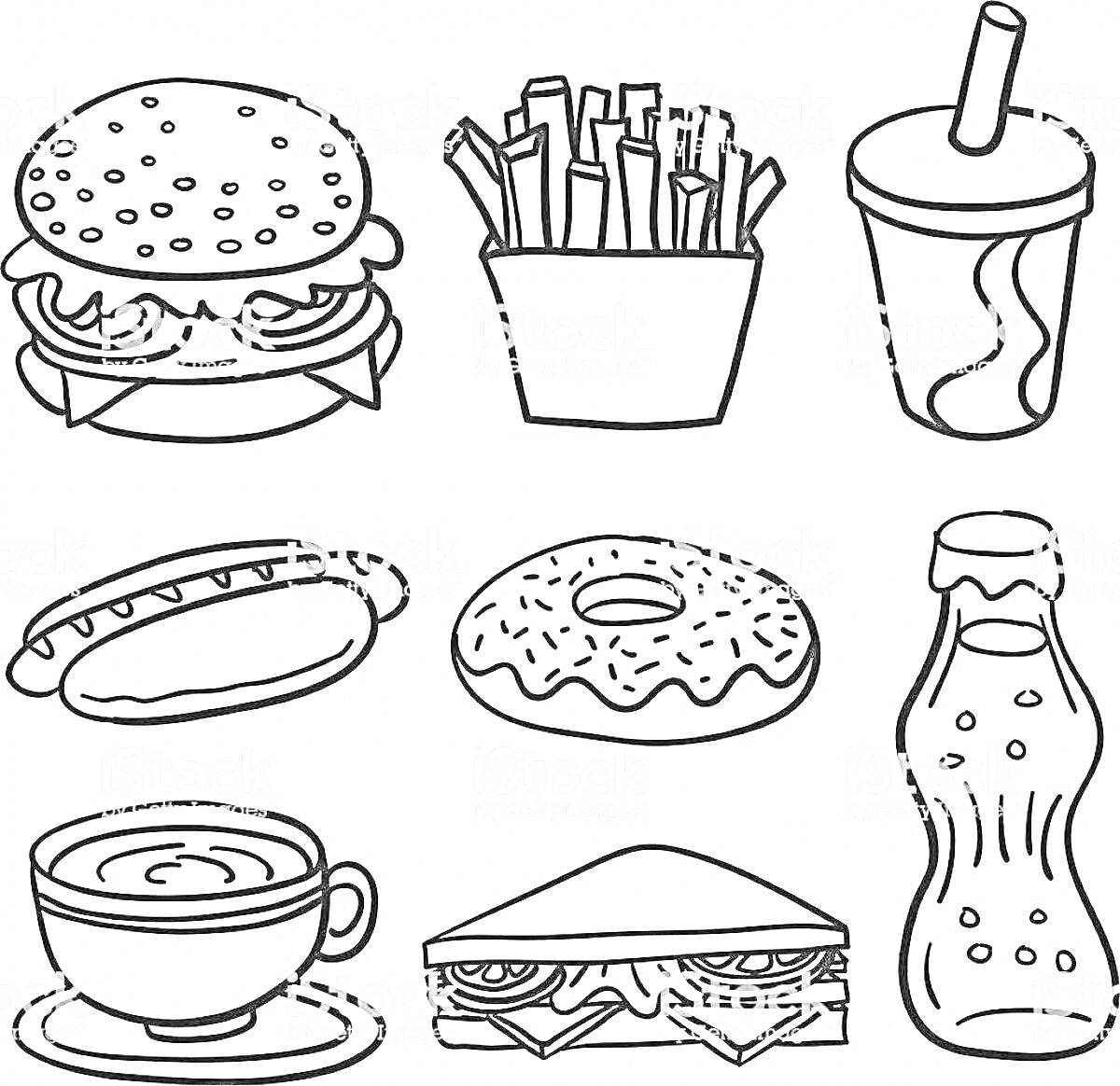На раскраске изображено: Гамбургер, Картофель фри, Напиток, Хот-дог, Пончик, Сода, Бутерброд
