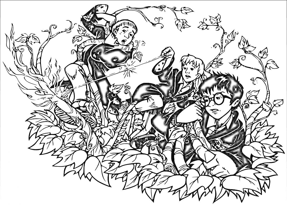 Раскраска Четыре ученика Хогвартса в лесу с волшебными палочками и магическими существами