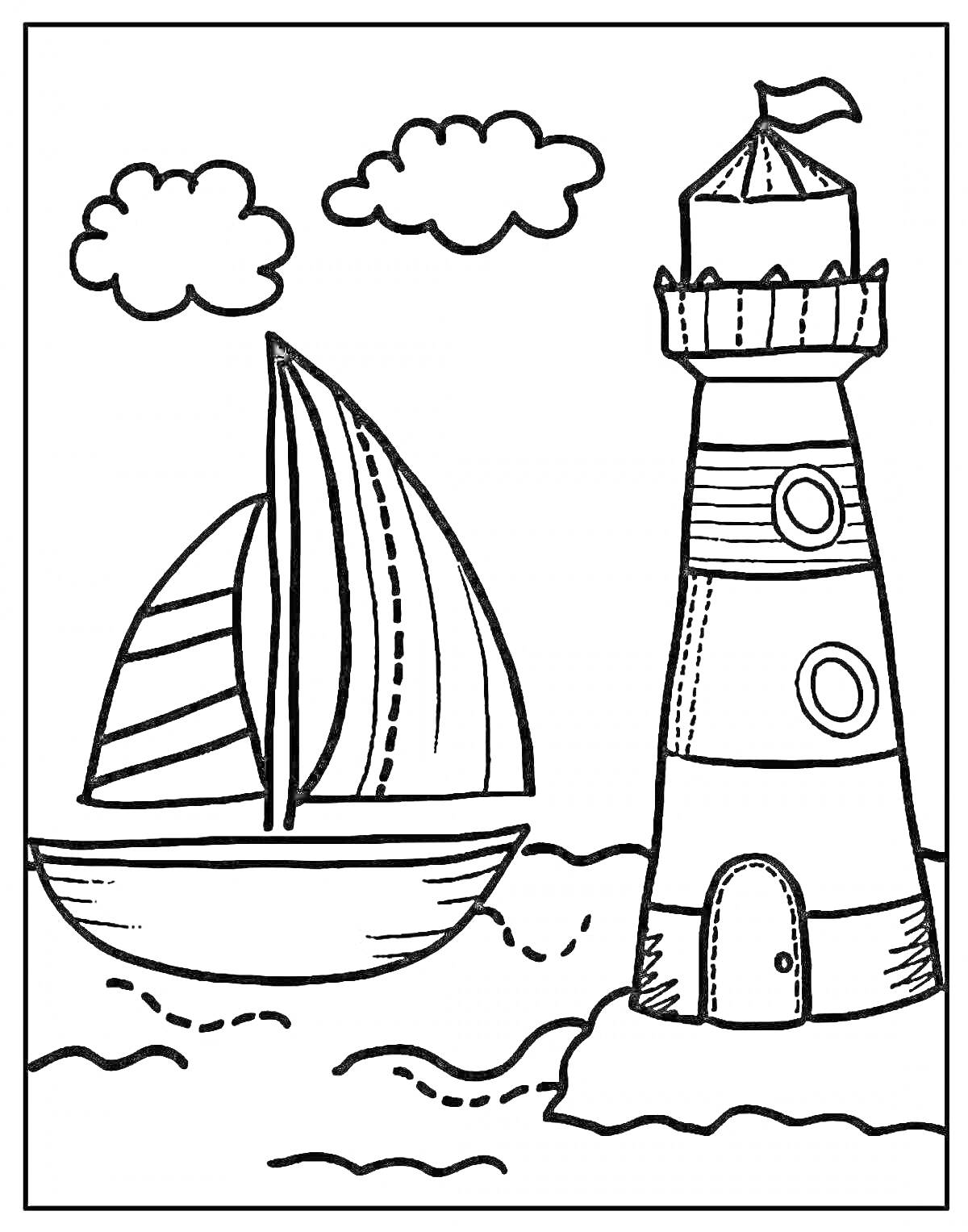 Раскраска Маяк с парусной лодкой и облаками на фоне моря