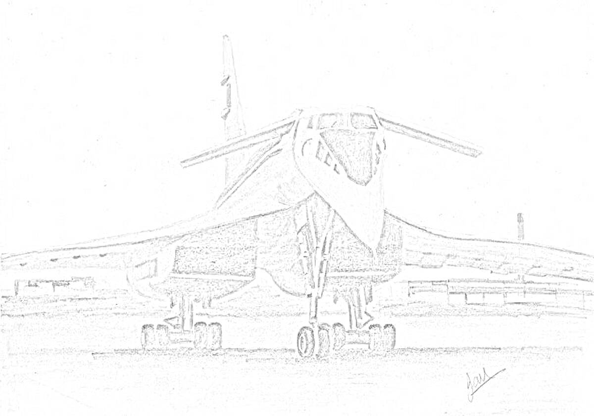 На раскраске изображено: Ту-144, Взлетная полоса, Аэродром, Инфраструктура, Шасси, Крылья, Фюзеляж