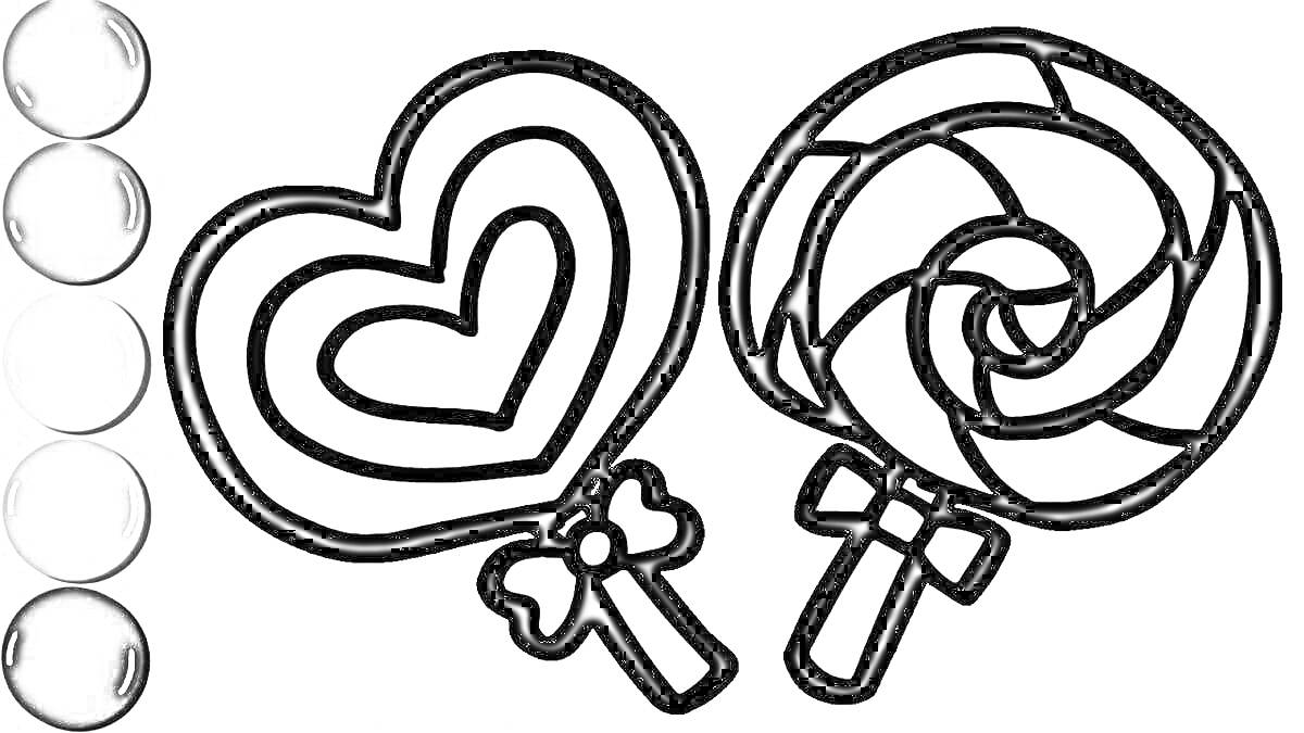 Раскраска Черно-белые конфеты чупа-чупс в форме сердца и круглые, с бантиками и радугой