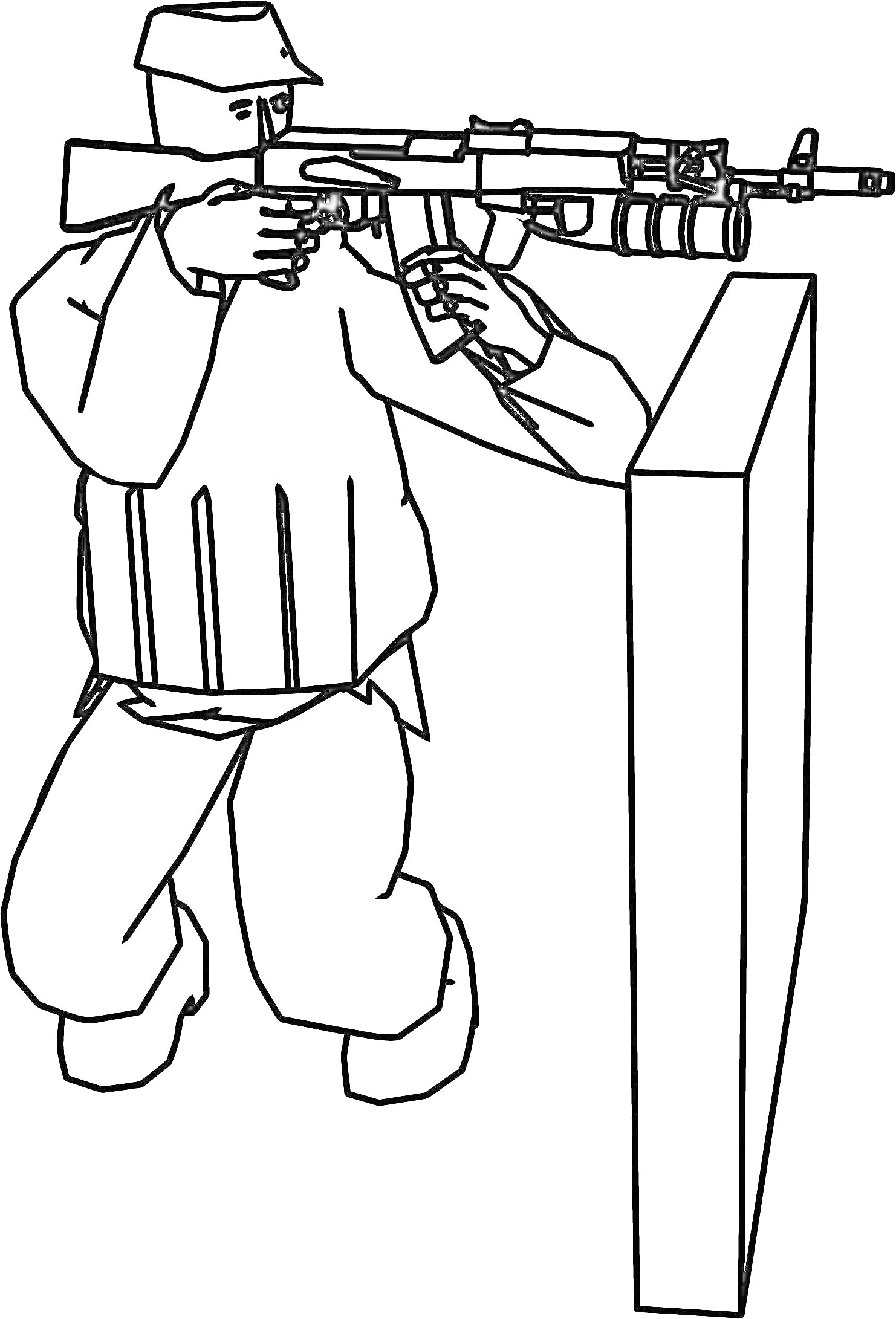 На раскраске изображено: Солдат, Винтовка, Оружие, Стрельба, Укрытие, Военный, 6 лет, 7 лет