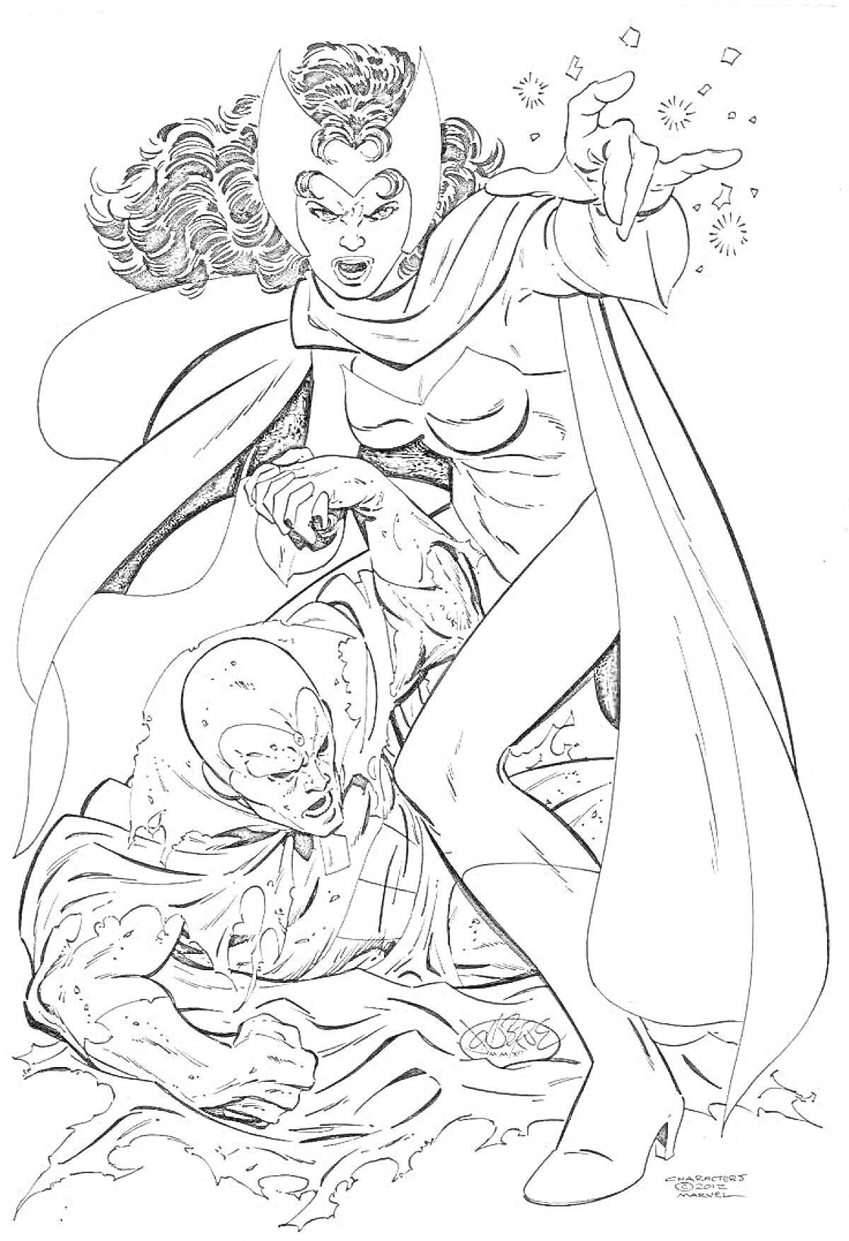 Раскраска Алая ведьма в накидке использует магию, рядом с ней лежащий персонаж