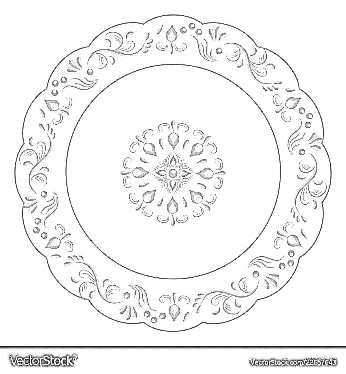 Тарелка с узором в стиле гжель с центральным цветочным орнаментом и цветочными элементами по краю