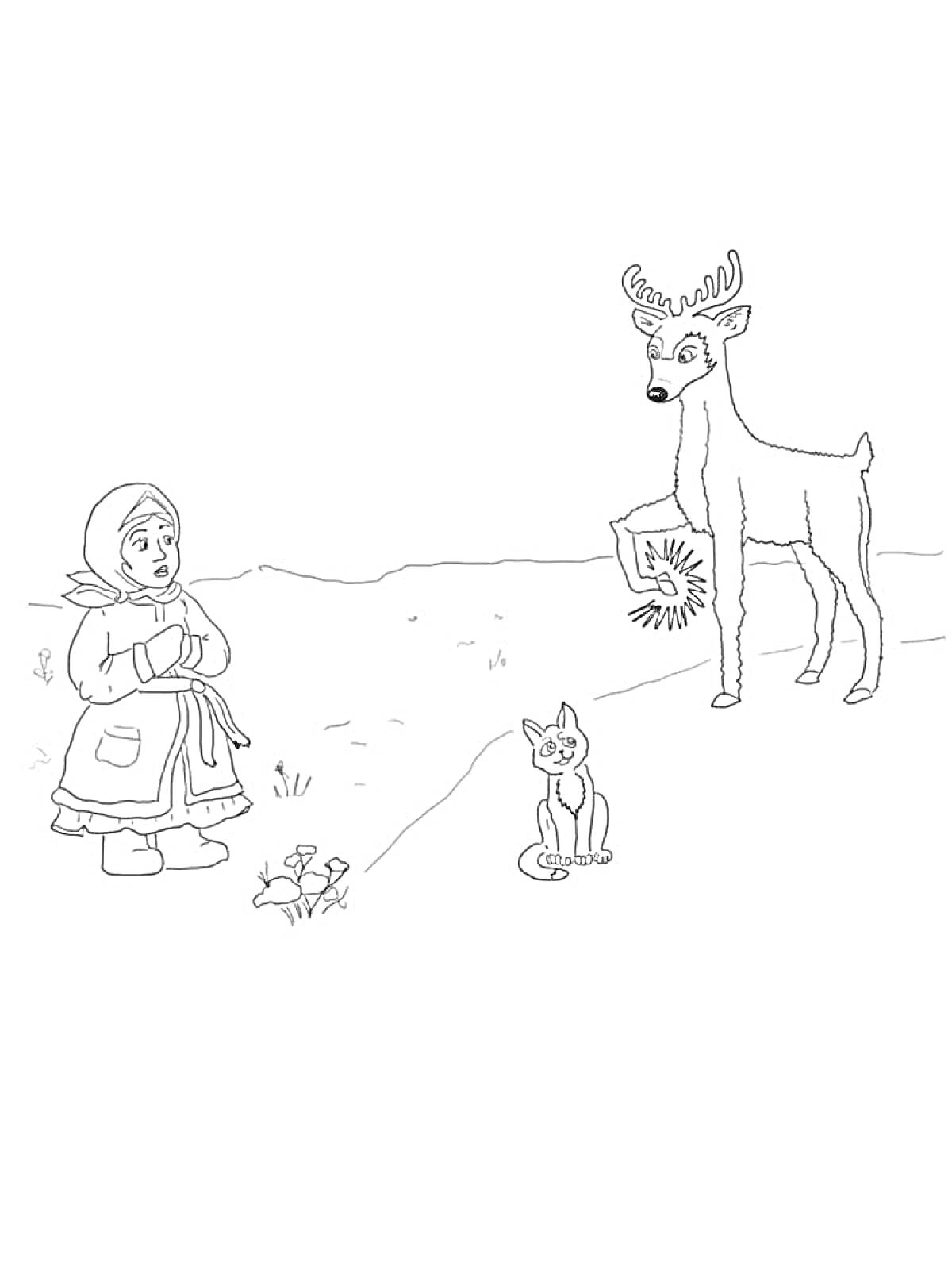Раскраска Девочка в платке, олень с серебряным копытцем, и кошка