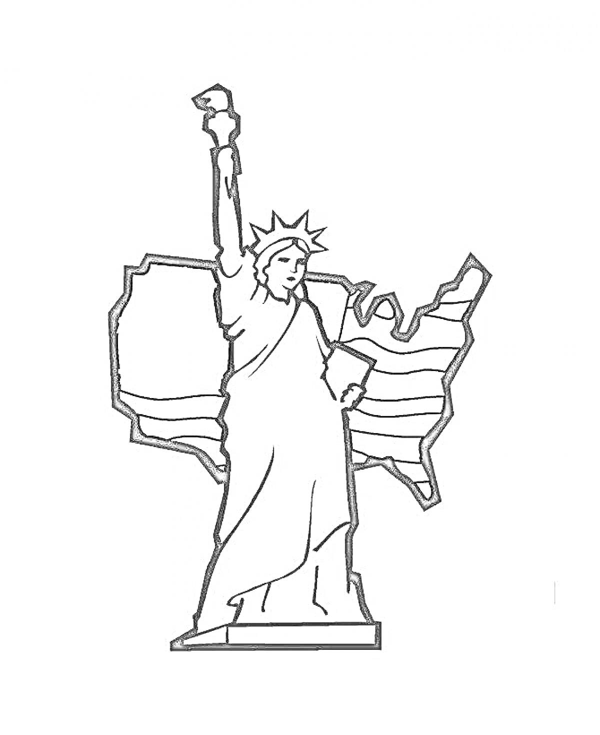На раскраске изображено: Статуя Свободы, Карта США, Скульптура, Патриотизм, Америка, Символы, Линии