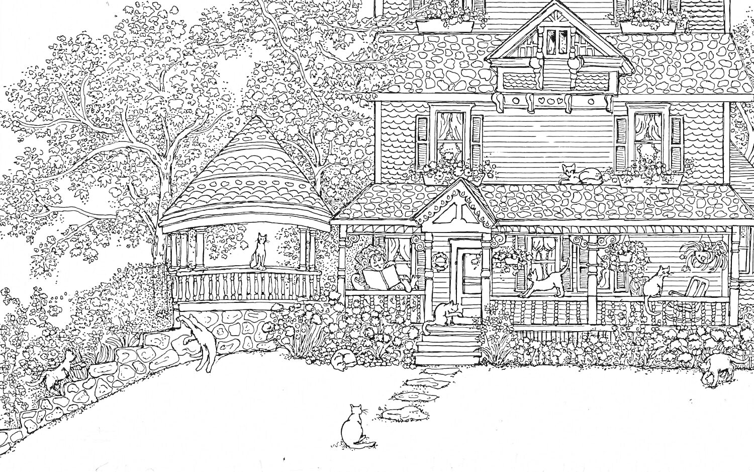Раскраска Дом с верандой, беседкой и садом