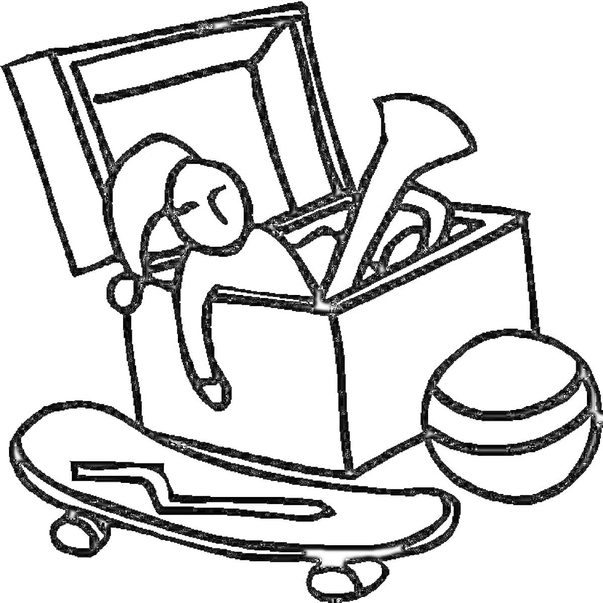 Раскраска Ящик с игрушками, включая игрушечного человечка, музыкальный инструмент, мяч и скейтборд