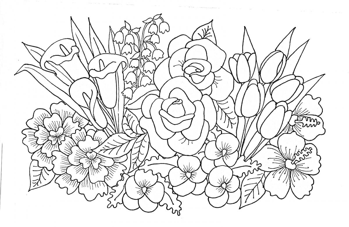 На раскраске изображено: Клумба, Цветы, Розы, Тюльпаны, Природа, Ботаника