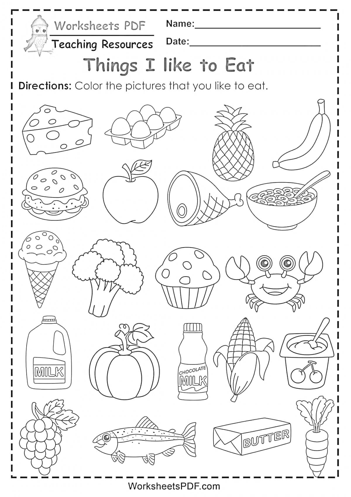 Раскраска Things I like to Eat - Pizza, Ice Cream, Hamburger, Apple, Pineapple, Bananas, Cereal, Fish, Watermelon, Broccoli, Cupcake, Crab, Milk, Pumpkin, Juice, Corn, Peas, Bread, Cheese, Butter, Cookie