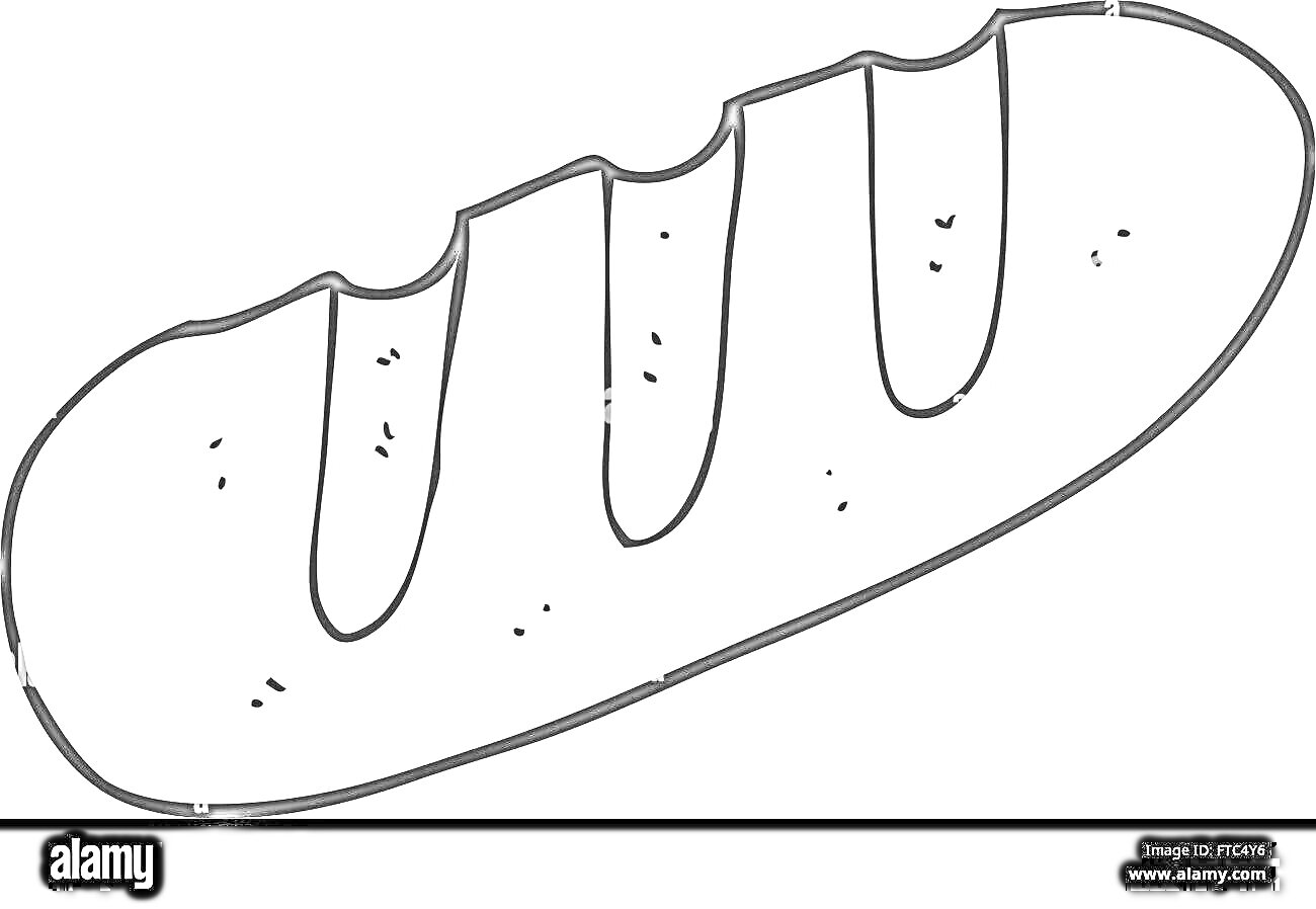 Раскраска Черно-белый контур батона с тремя надрезами и вкраплениями