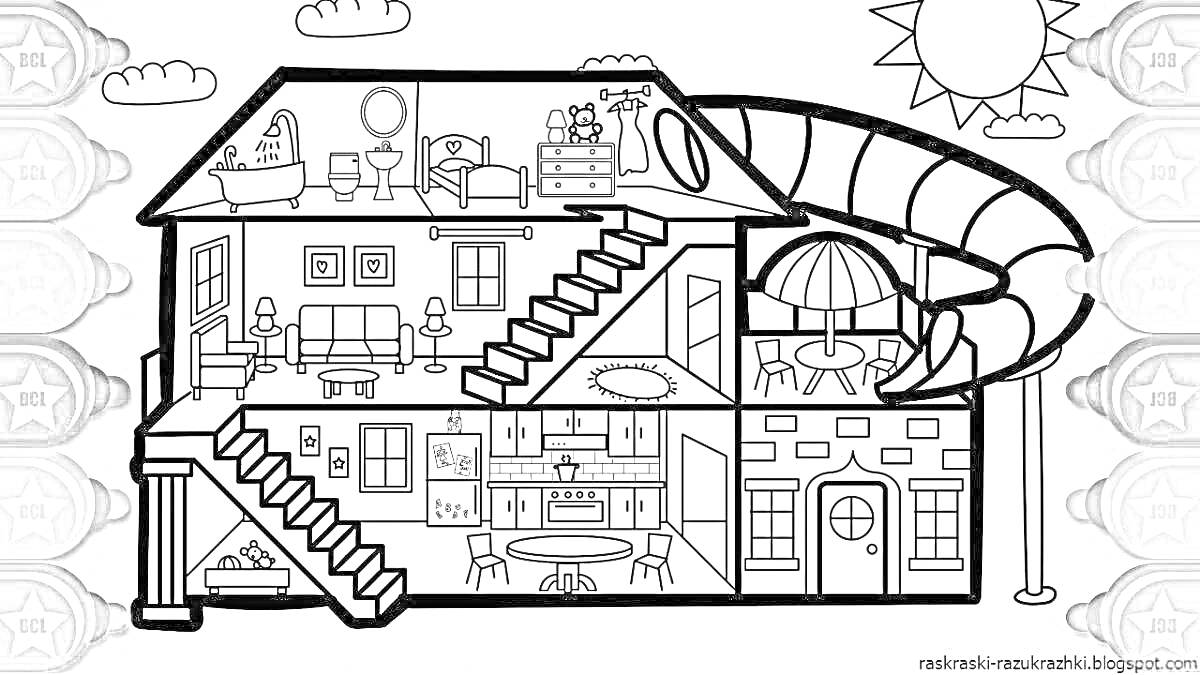 На раскраске изображено: Домик, Двухэтажный дом, Комнаты, Горка, Мебель, Солнце, Игрушки, Стол, Дверь, Интерьер, Окна, Стул, Лестница, Инди кид