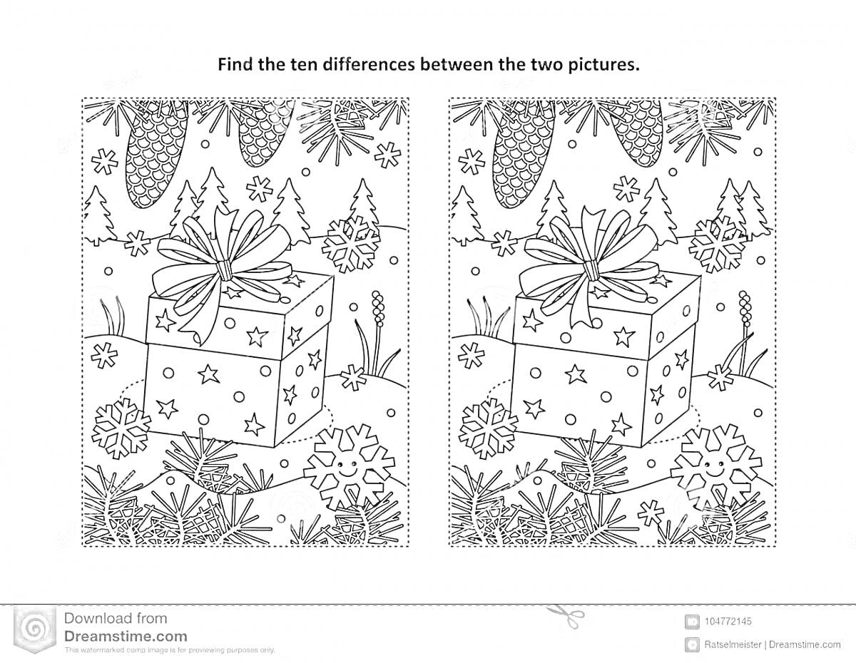 Раскраска Найди 10 отличий: зимняя картина с подарочной коробкой, елочными шарами и снежинками