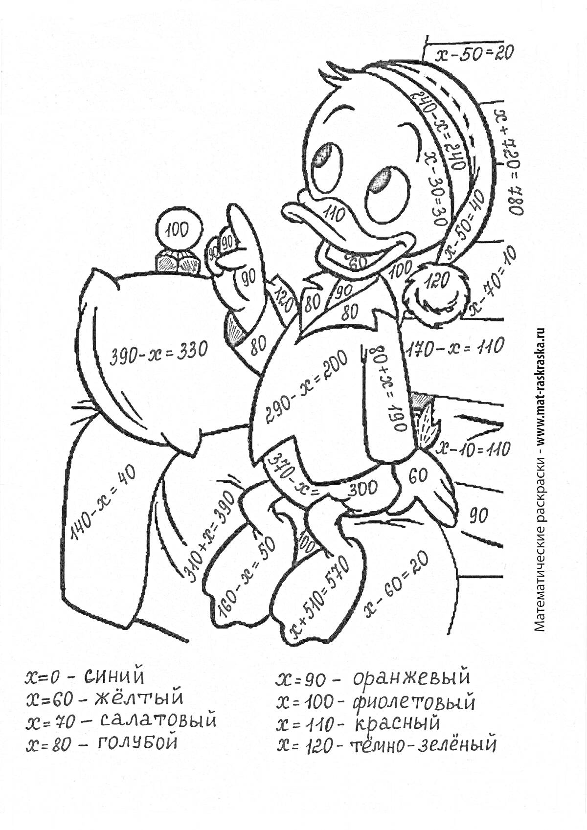 Раскраска Математическая раскраска с утёнком с примерами в столбик, таблица значений и цветовые указания.