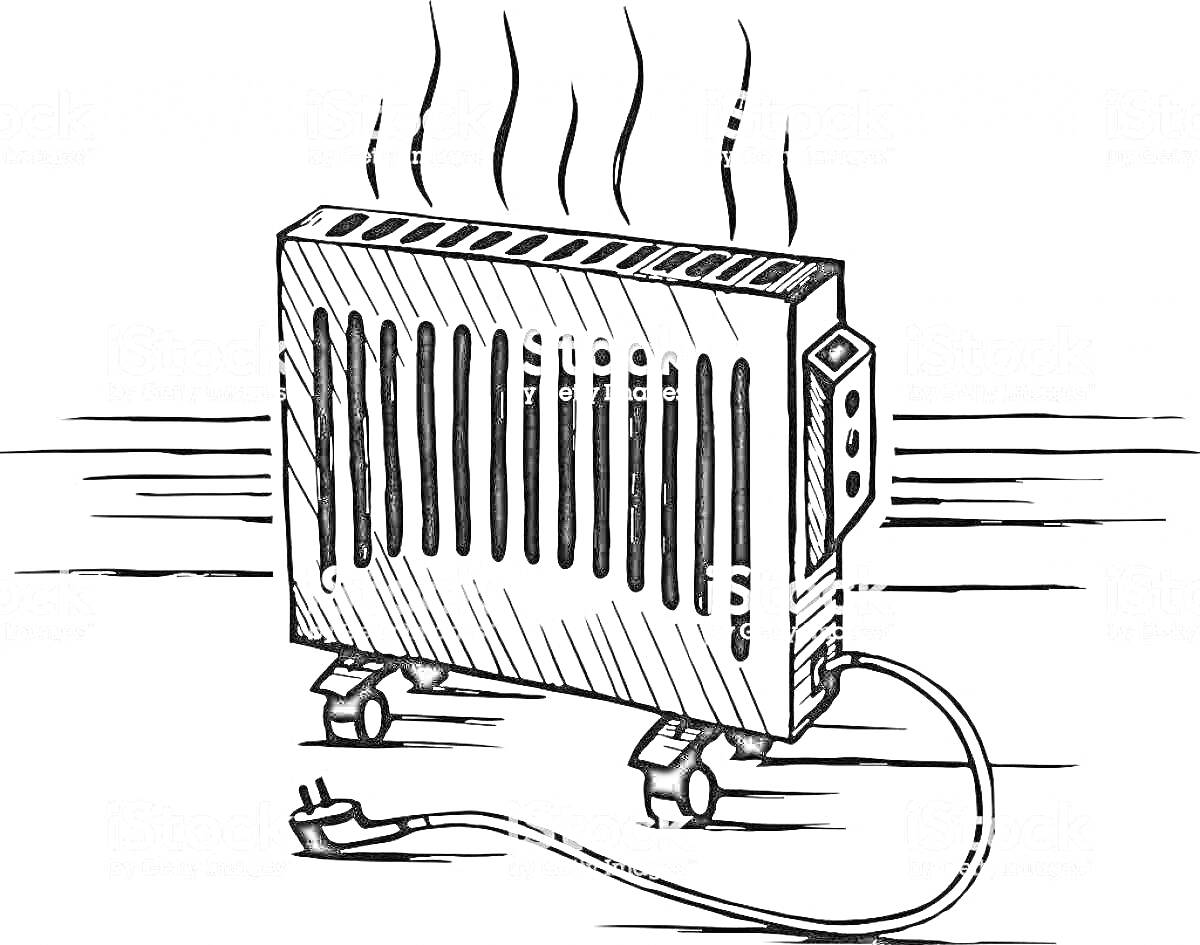 Электрический обогреватель с колесами, проволокой и вилкой, излучающий тепло