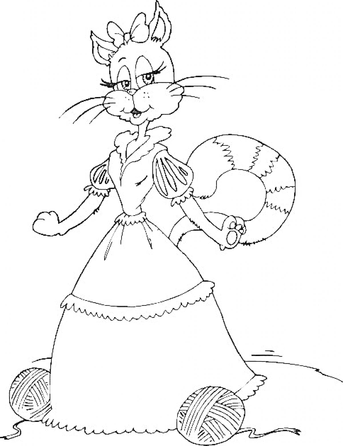 Раскраска Кошка добрая хозяйка в платье с клубками ниток