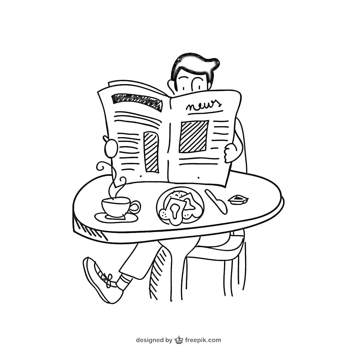На раскраске изображено: Газета, Человек, Стол, Чай, Пончик, Завтрак, Чтение