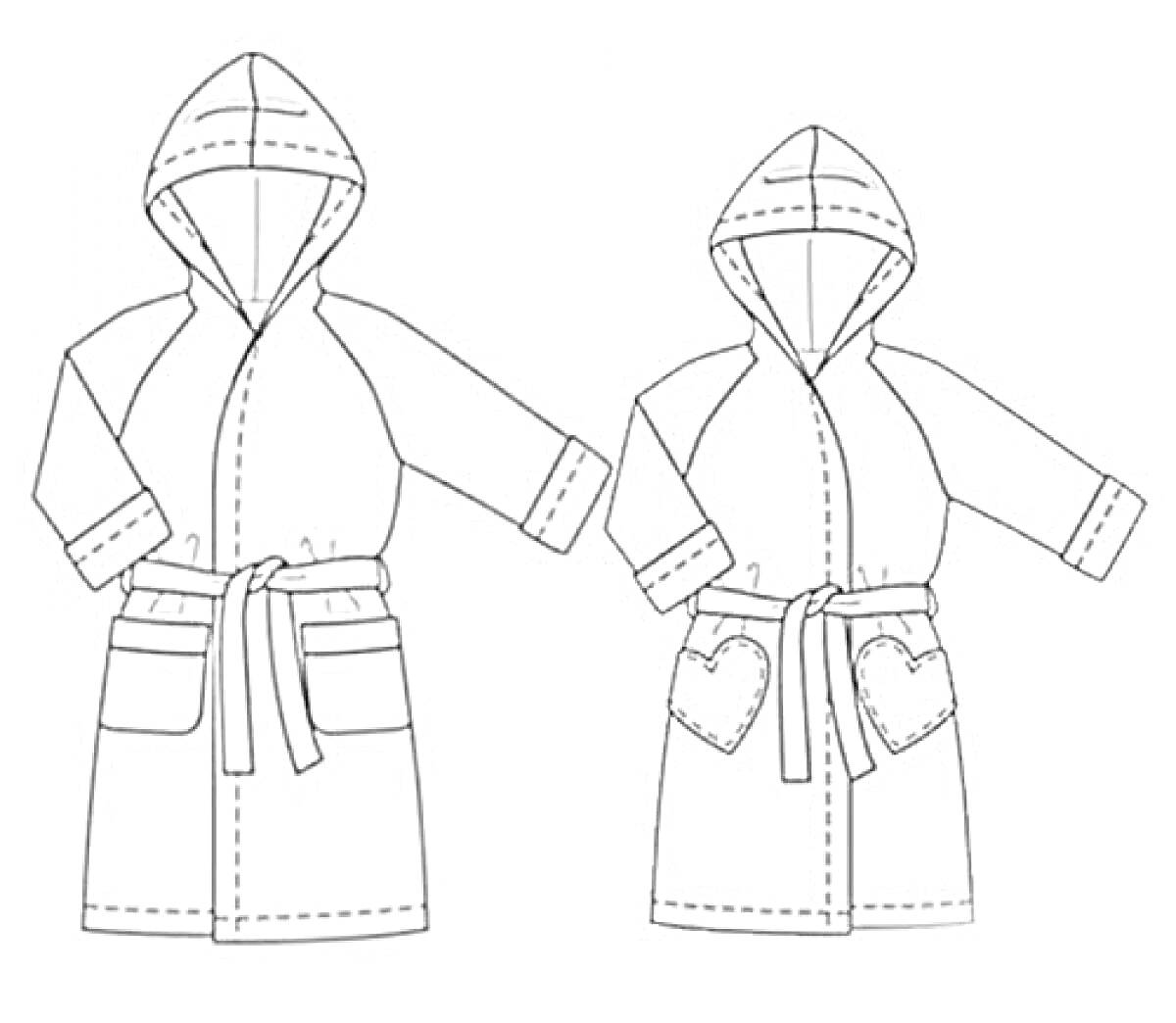 Раскраска Халаты с капюшоном, поясом и карманами (один халат с обычными карманами, другой халат с карманами в форме сердца)