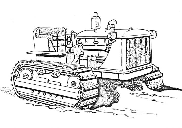 На раскраске изображено: Трактор, Гусеницы, Сельскохозяйственная техника, Инструмент, Земля, Двигатели, Кабина водителя