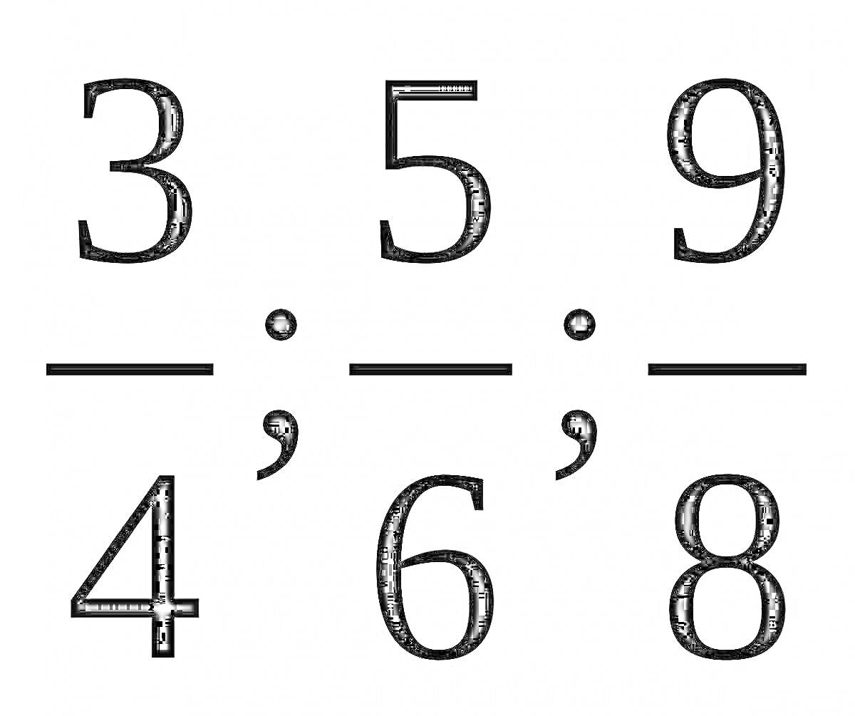 Раскраска Дроби 3/4, 5/6 и 9/8 с точками и запятыми