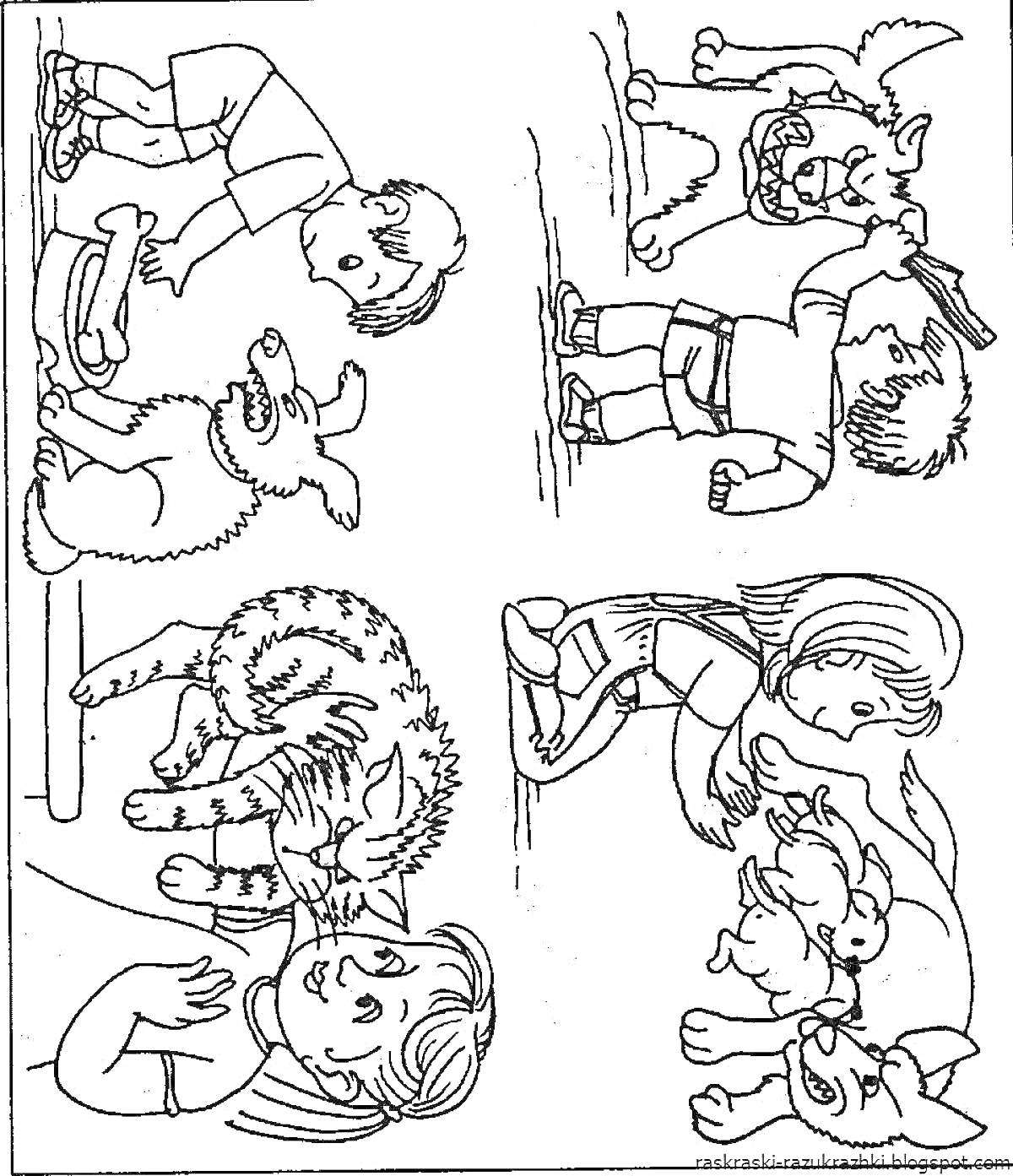 На раскраске изображено: Мальчик, Девочка, Собака, Кот, Насилие, Доброта, Домашние животные, Уход за животными