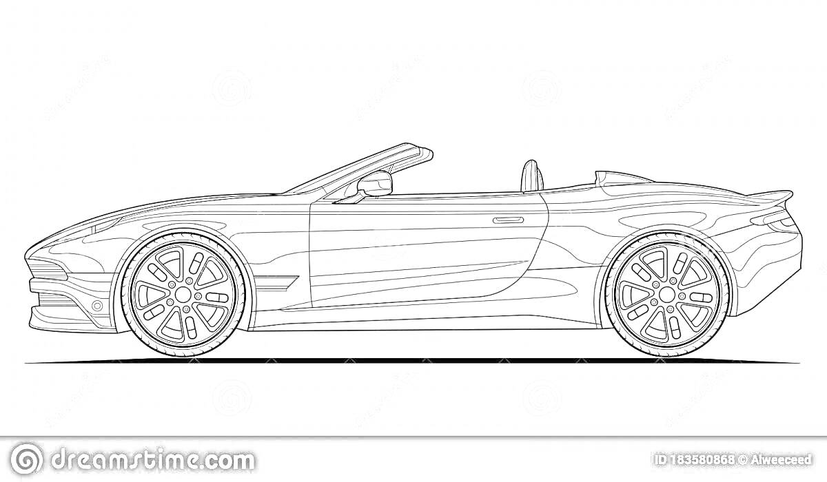 Раскраска Кабриолет БМВ на белом фоне, черно-белый рисунок в профиль, с видимыми колесами и открытым верхом.