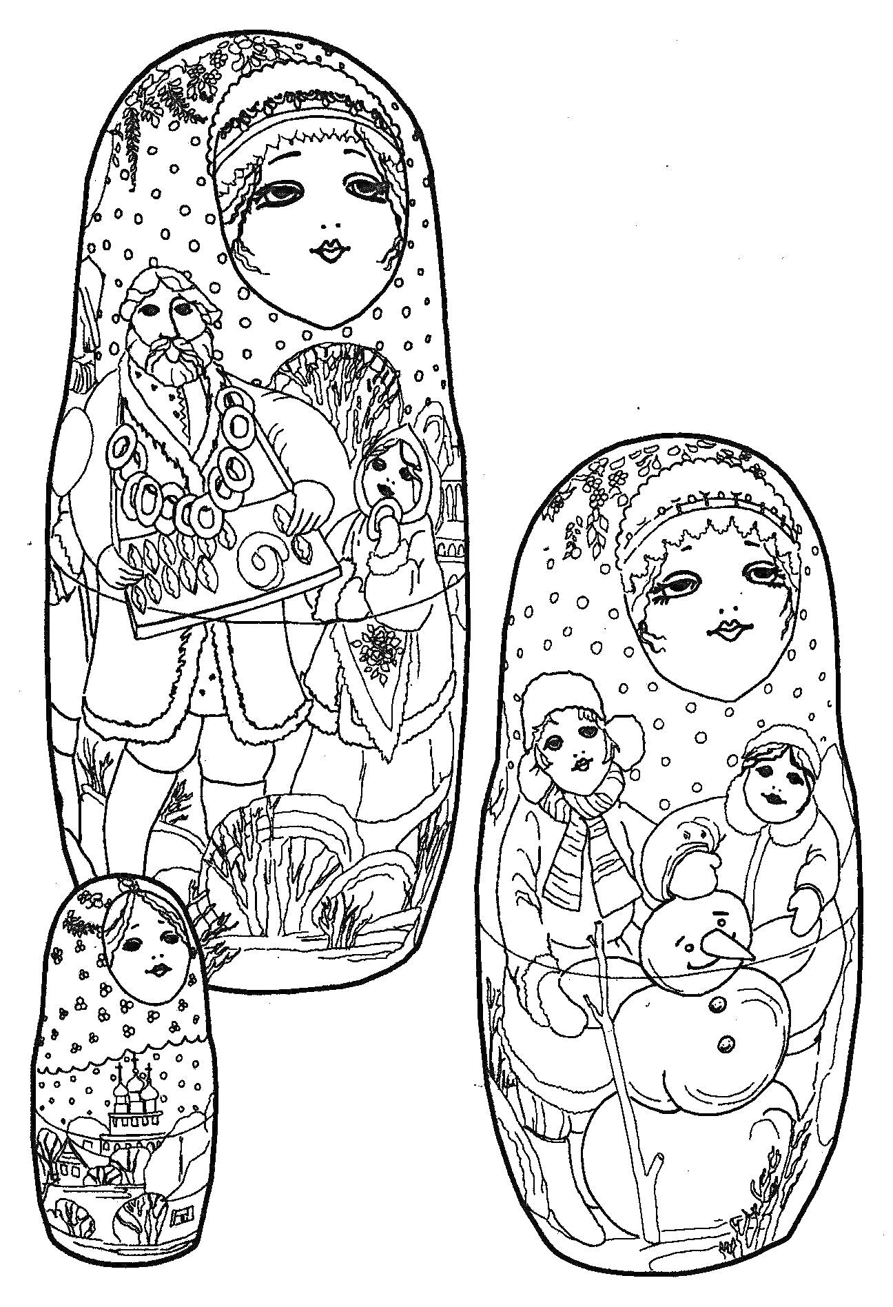 Матрешка с мужчинами в традиционной одежде, ребенком на санках и снеговиком