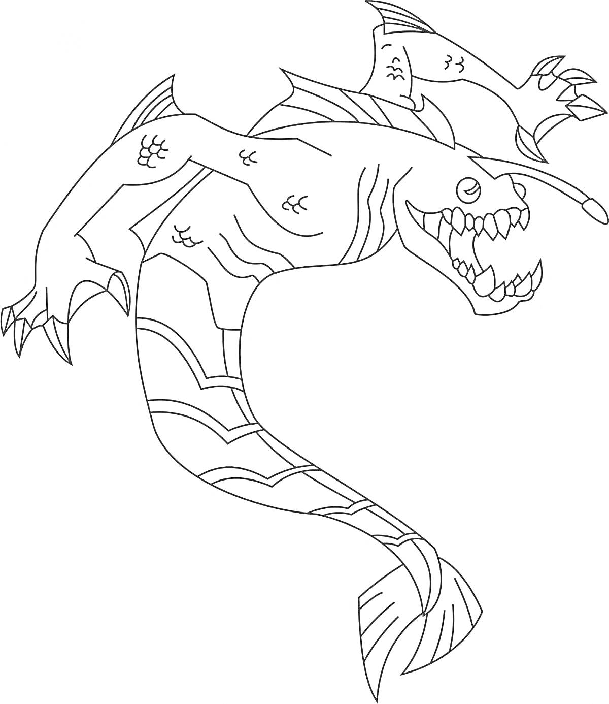 На раскраске изображено: Бен 10, Морское чудовище, Плавники, Зубы, Монстр