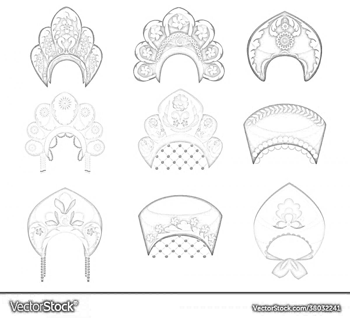 Раскраска Девять различных кокошников с элементами, такими как: растительные орнаменты, геометрические узоры, подвески, вышивка, арочные и зубчатые формы.