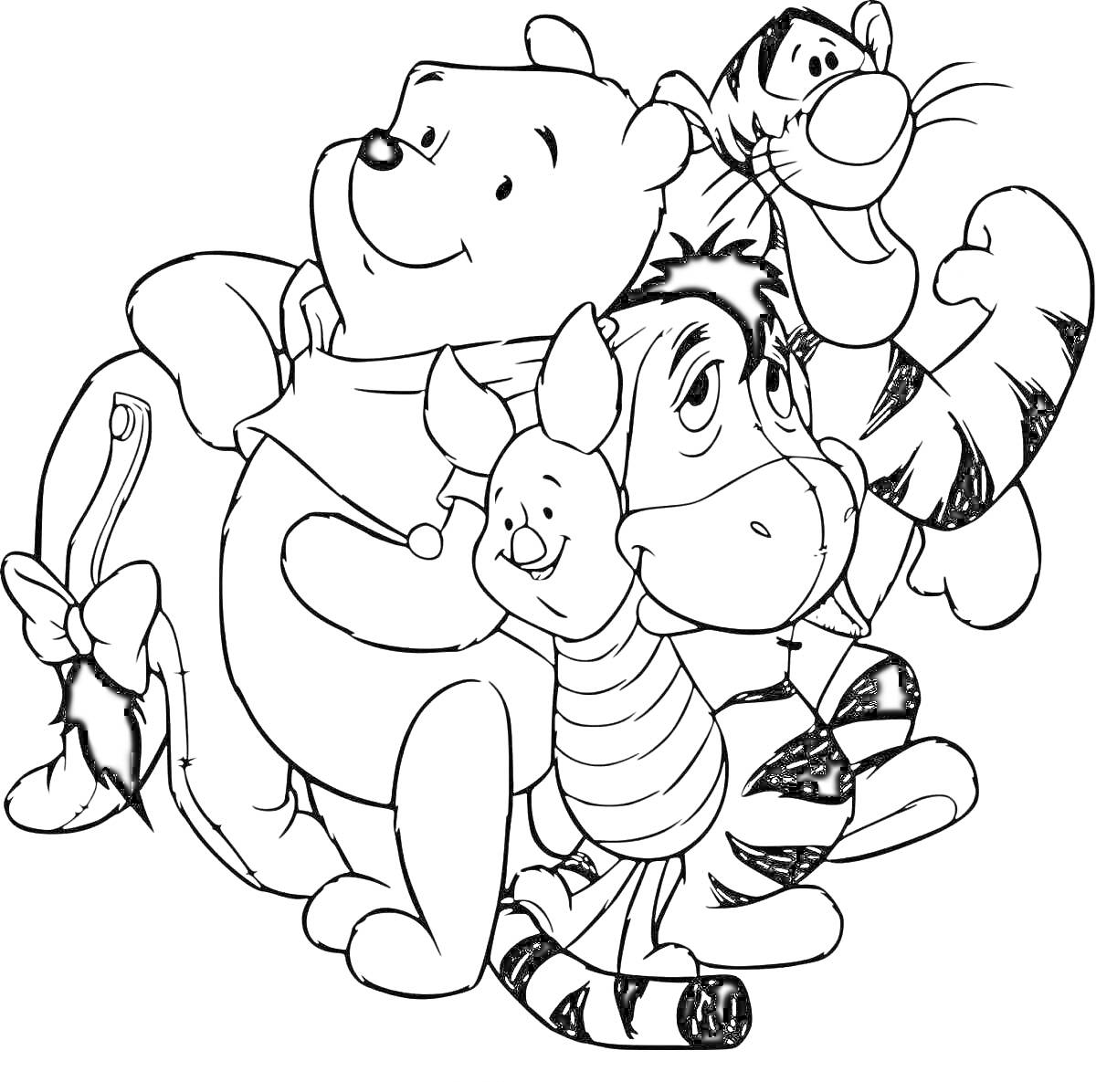 На раскраске изображено: Винни-Пух, Тигра, Пятачок, Иа-Иа, Для детей, Дисней, Дружба, Сказочные персонажи