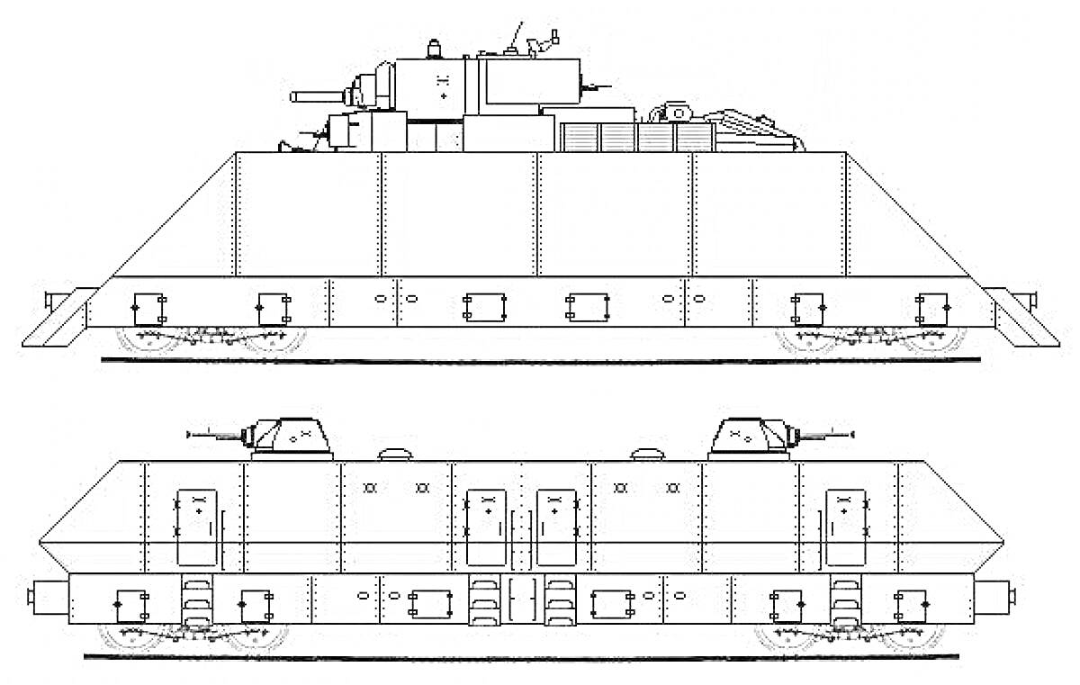 Бронепоезд с двумя вагонами, оснащенными башнями с орудиями, бронированными боковыми стенами и радиоприемниками на крыше