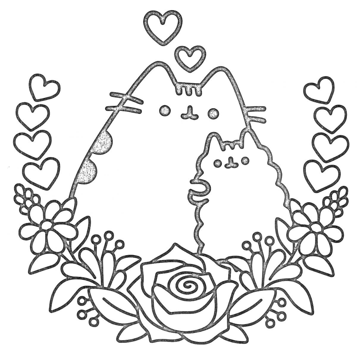 Раскраска Два котика с сердечками и цветами