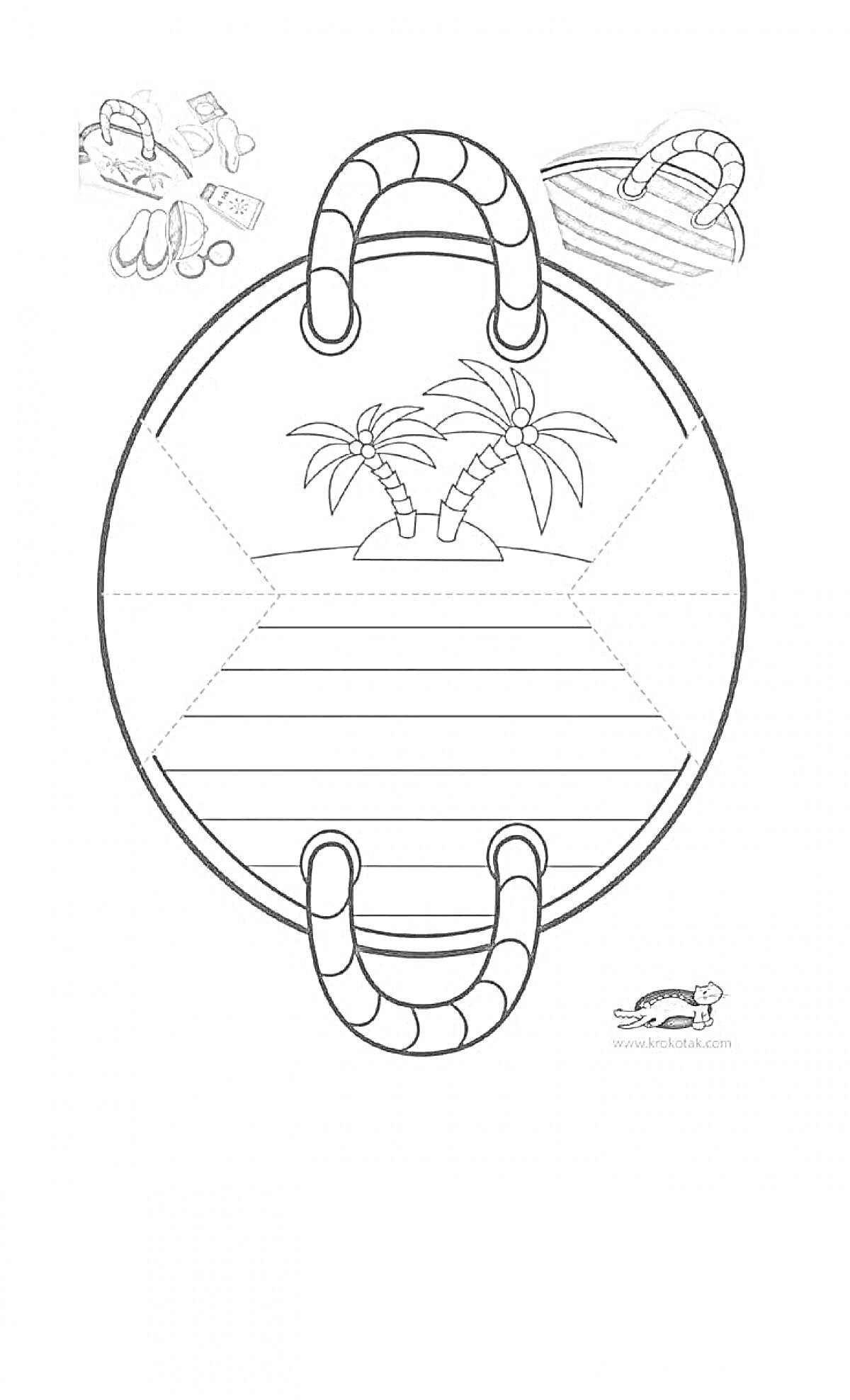 Раскраска Пляжная сумка с пальмами и островом, с изображениями плавательных очков, сандалий, солнцезащитного крема, ключей и врезкой с изображением заполненной сумки