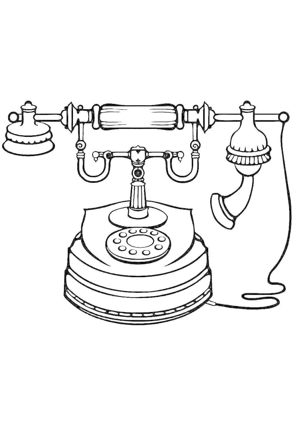 Раскраска Винтажный телефон с дисковым номеронабирателем, трубкой и шнуром