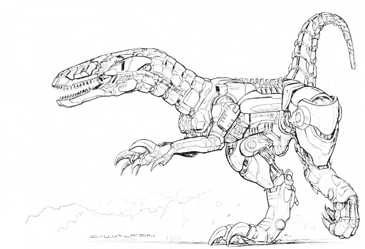 Раскраска Динозавр робот с механическими элементами и когтистыми лапами