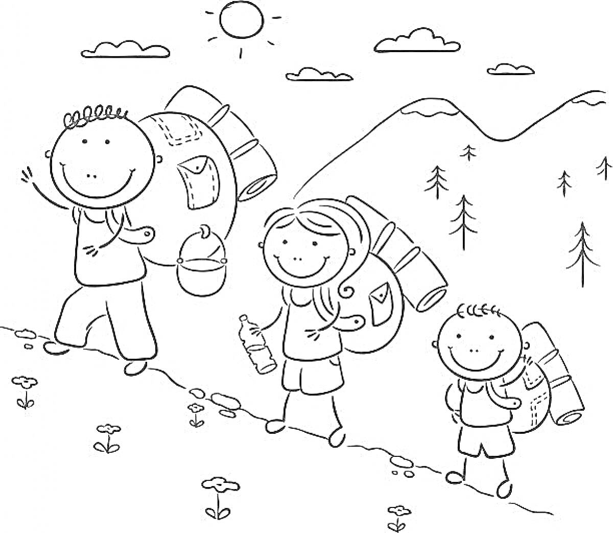 Раскраска Поход с рюкзаками в горах (трое детей с рюкзаками идут по склону, несут бутылки и посуду, на заднем плане солнце, облака, деревья и горы)